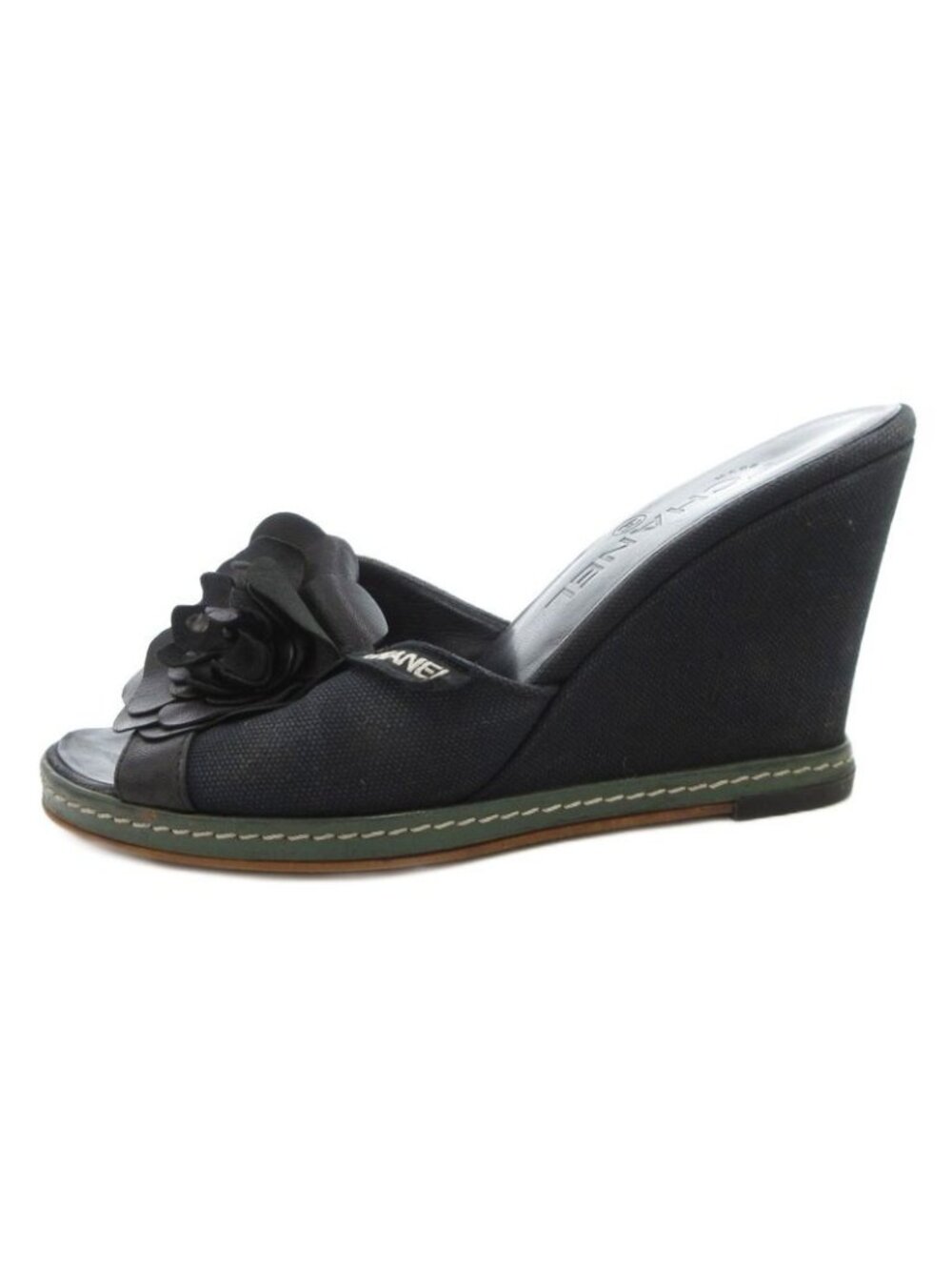 Chanel Camellia Sandals Leather 36.5 Black Wedge Sole Open Toe - Picture 2 of 9